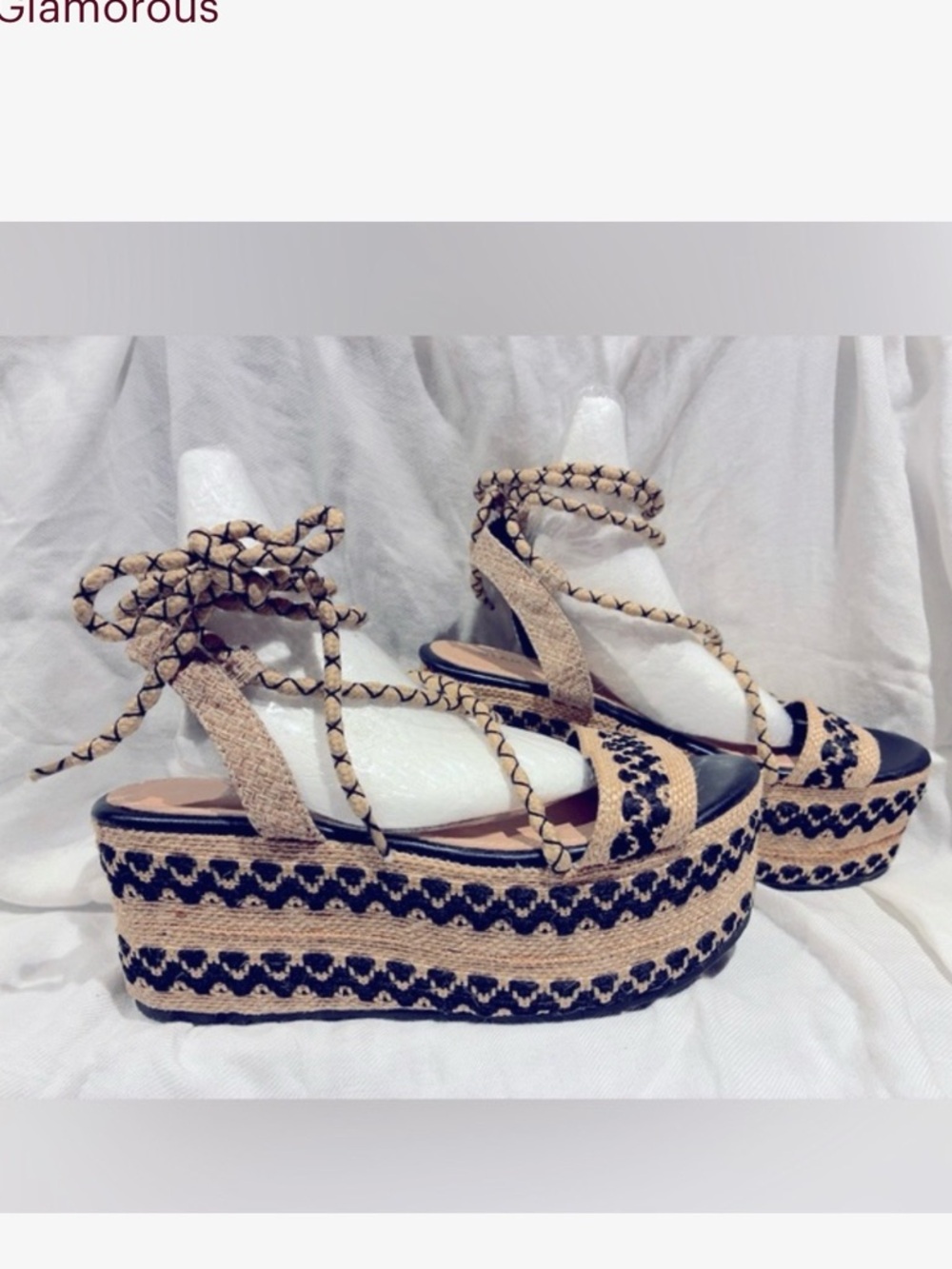 ASOS Glamorous Black Ankle Tie Stripped Espadrille Platform Sandals